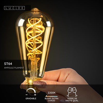 Lucide ST64 - Ampoule filament - Ø 6,4 cm - LED Dim. - E27 - 1x4,9W 2200K - Ambre